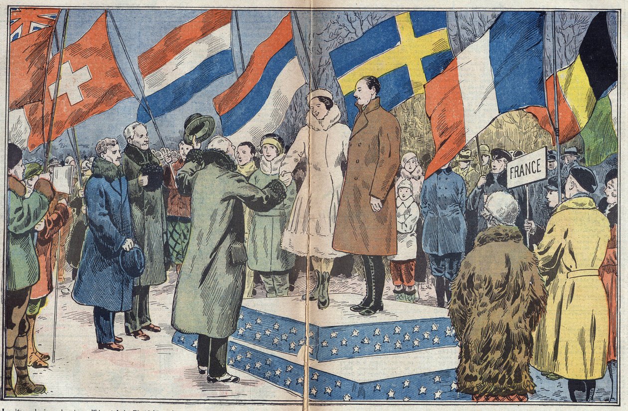 Téli Olimpiai Játékok (1932) - záróünnepség: a francia korcsolyázóknak, M. és Mrs. Brunet Jolynak (Brunet-Joly), olimpiai bajnokoknak gratulál a zsűri. Lake Placid, USA. Damblans illusztráció. A március 18-i „” Le Pelerin”-ben alkotó: Eugene Damblans