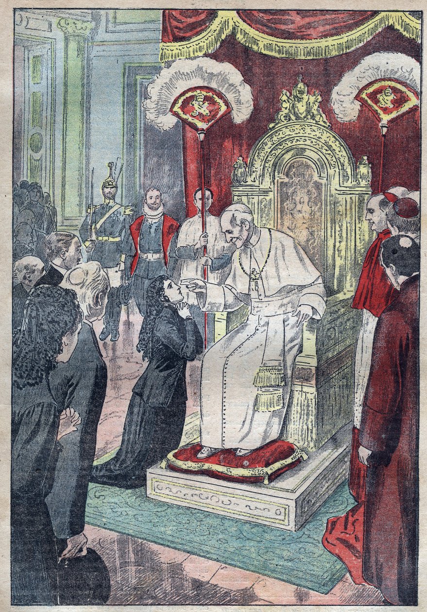 Gyermek Jézus Szent Teréze (vagy Lisieux 1873-1897), még fiatal lány XIII. Leon pápa lábánál, 1888-ban tizenöt évesen bejutott Karmelbe – az 1923-as Damblans illusztrációja. alkotó: Eugene Damblans