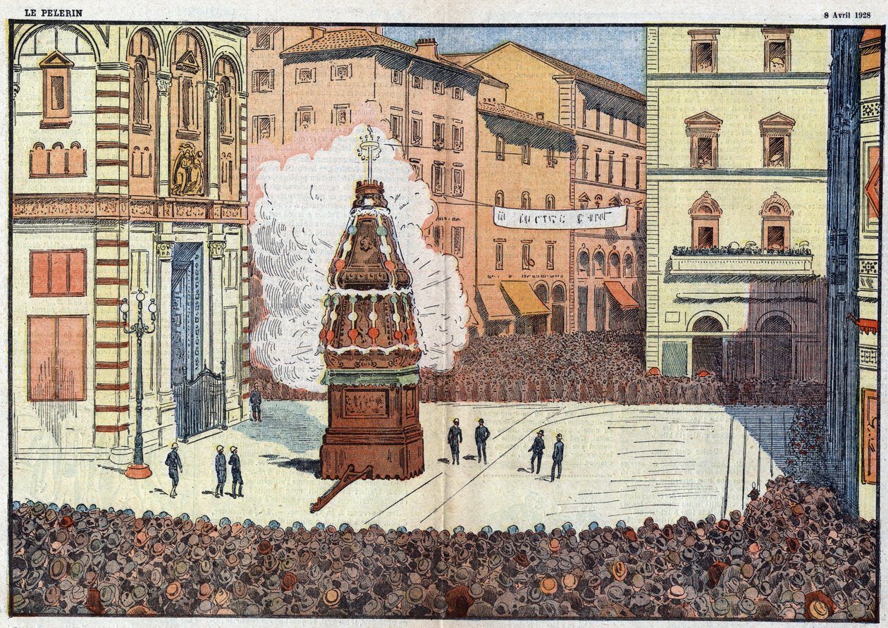 Scoppio del Carro (a szekér robbanása) Firenze város népi rendezvénye - Damlans illusztrációja 1928 áprilisáról alkotó: Eugene Damblans