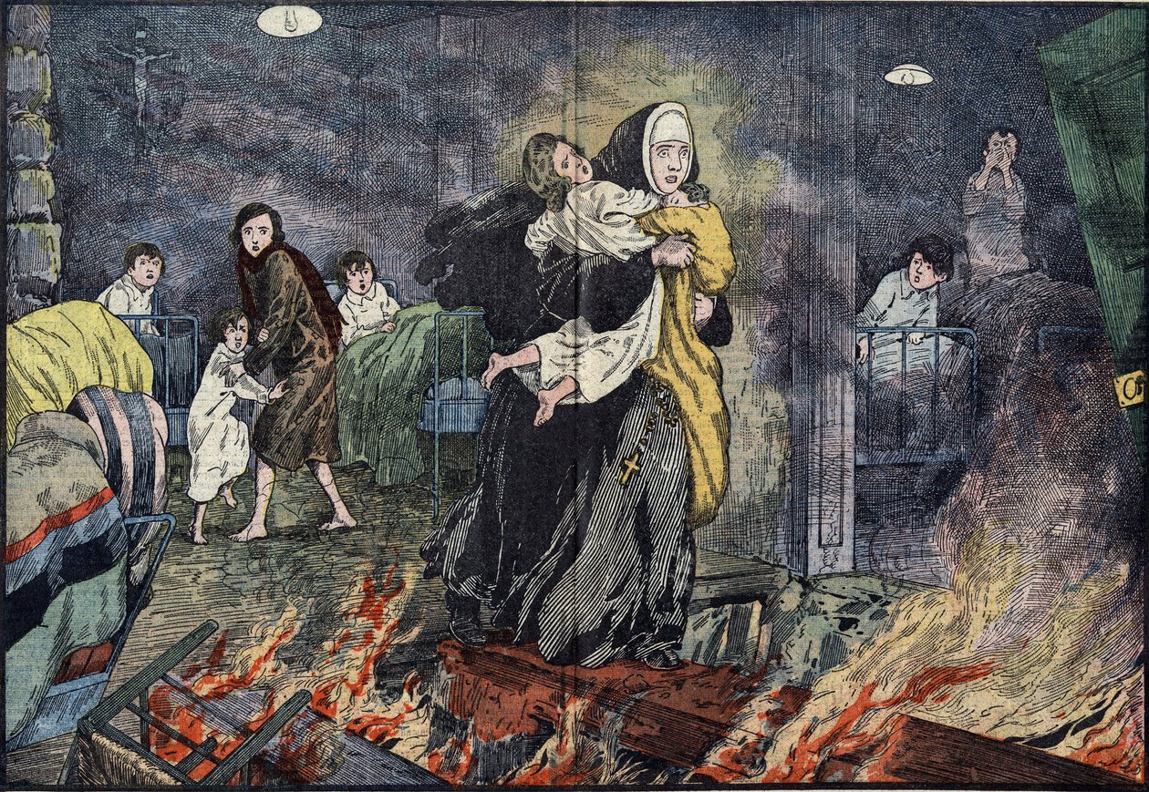 Marie Gabrielle (Marie-Gabrielle) nővér megment egy gyermeket Bernards Ville (Bernards-Ville) árvaházának tűzvész során az Egyesült Államokban. Illusztráció Damblansról a "" a Pelerinben"" november 27-én alkotó: Eugene Damblans