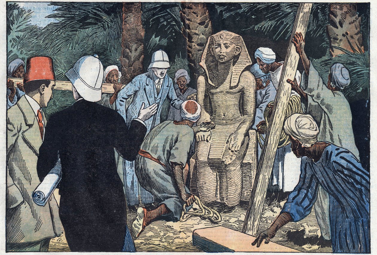 A francia régészeti misszió felfedezi a Sesostris III tinédzser szobrát, akit elhoznak a Louvre-ba. Medamoud, ókori Théba, Egyiptom. Damblans illusztráció. A november 22-i „” Le Pelerin”-ben alkotó: Eugene Damblans