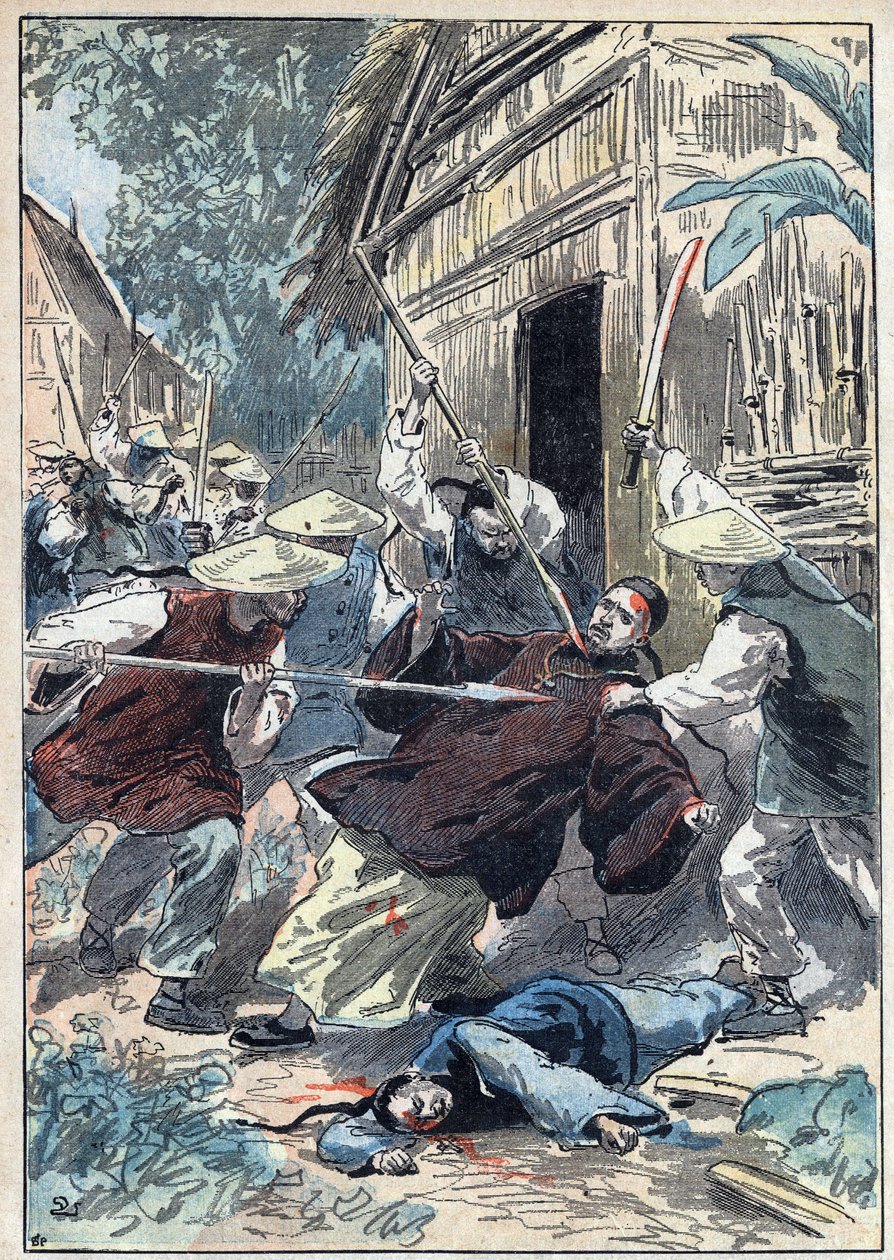 Berthollet francia papot (1865-1898), a külképviseletek papját kínai nemzetőrök meggyilkolták Yun Ngan Cheou (Yun-Ngan-Cheou) város közelében 1898. április 21-én. Damblanok illusztrációja a „” Le Pelerin”-ben július 10-én alkotó: Eugene Damblans