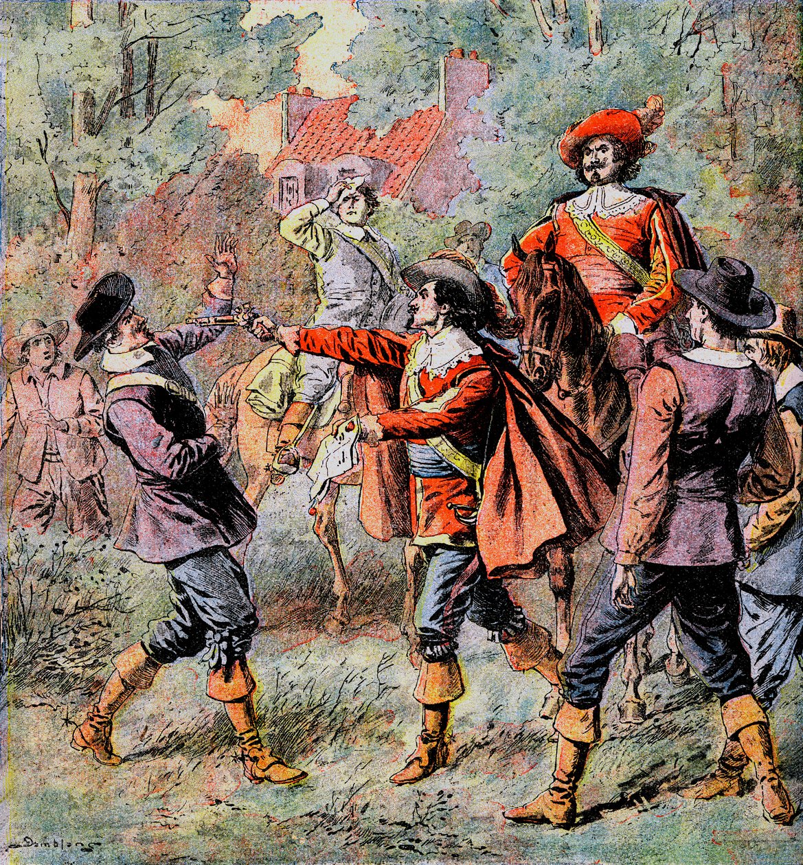 Artagnan testőr, barátja, Porthos kíséretében, pisztolyával megfenyegeti ellenfelét – Damblans illusztrációja Alexandre Dumas „A három testőr” című regényéhez a „Diary des roman populaires illustres” című könyvében, a XX. század elején – alkotó: Eugene Damblans