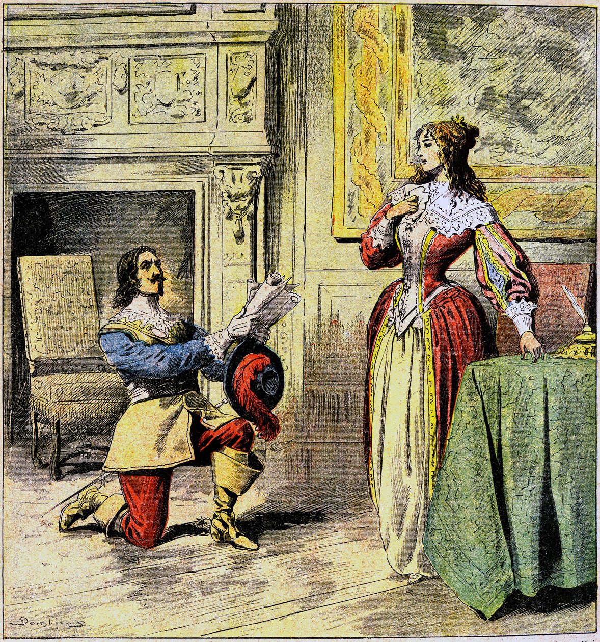 Artagnan testőr letérdel Anna osztrák királynő lábai előtt, hogy visszaadja leveleit – Damblans illusztrációja Alexandre Dumas „Ving ans Apres” című regényéhez a „Journal of Illustrous Folk Romans”-ban, a 20. század elején alkotó: Eugene Damblans