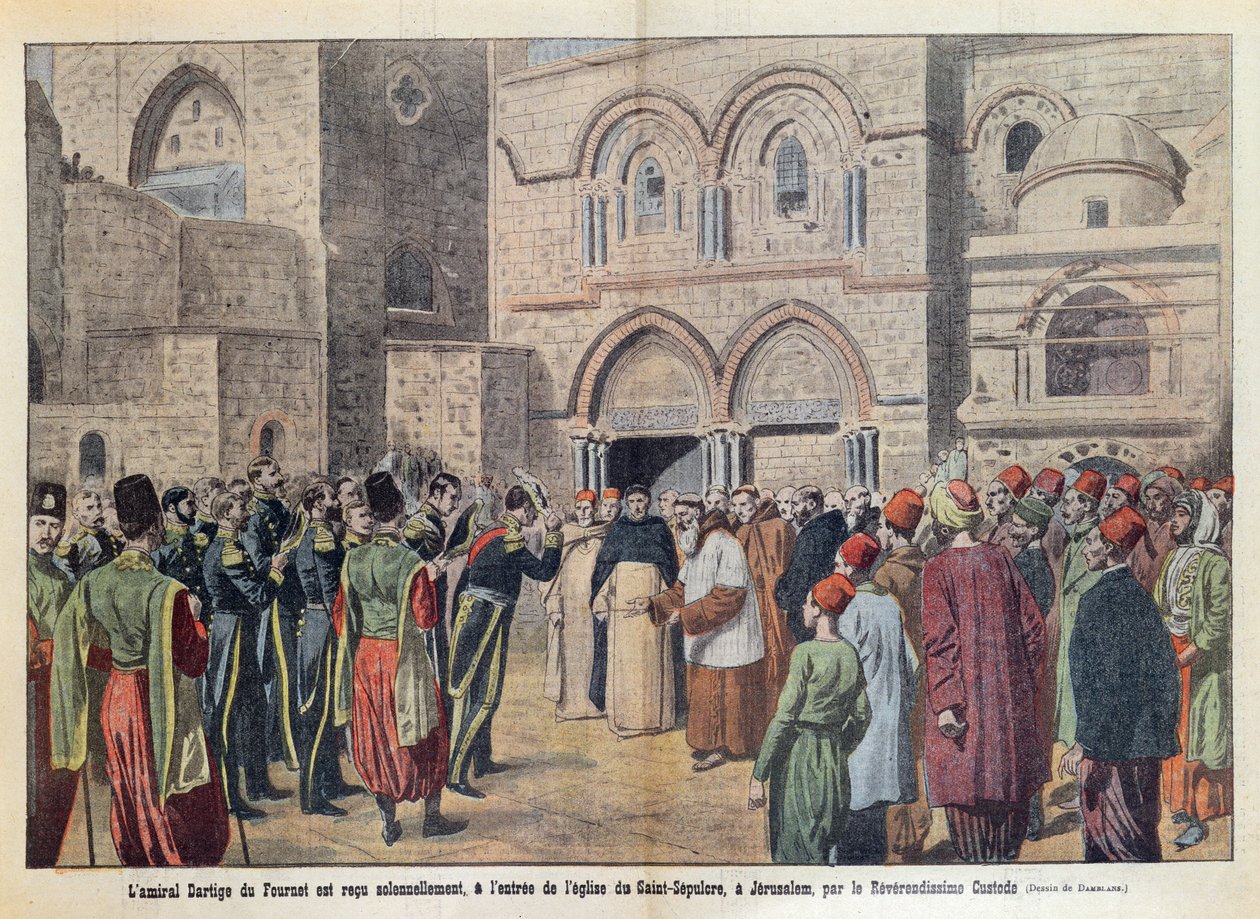 Dartige du Fournet admirális (1856-1940) fogadása a jeruzsálemi Szent Sír-templomban, illusztráció a „Le Pelerin” magazinból, 1911. augusztus 2. alkotó: Eugene Damblans