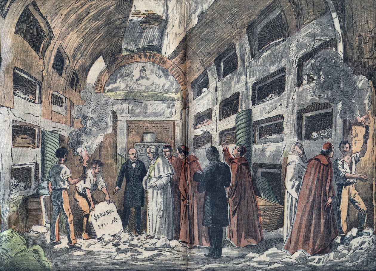 Giovanni Battista de Rossi (1822-1894) régész felkéri IX. Piusz pápát, hogy látogassa meg a pápák most felfedezett kriptáját (1852) – Damblans illusztrációja a „” le-Pelerin”-ben” 1923 alkotó: Eugene Damblans