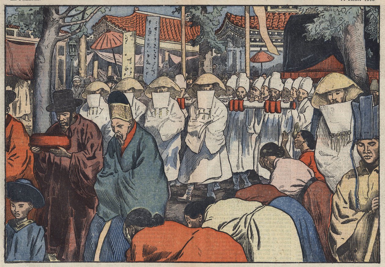 Korea egykori császárának, Yi hercegnek a temetése. A szöuli palota ajtajánál látható a katafalk, miközben az Aigók vagy „Cereers Coreens” siránkoznak a herceg halálán. Szöul, Korea. Damblans illusztráció. A júliusi „” Le Pelerin”-ben alkotó: Eugene Damblans