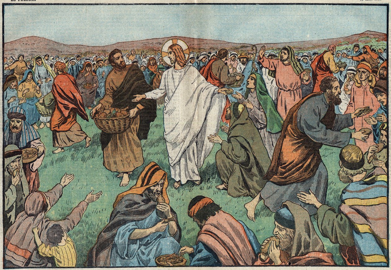 A kenyérszaporítás: a Tiberiad-tó partján Jézus Krisztus (Jézus Krisztus) öt vekni árpa és két hal megszaporításával elégítette ki a lakosságot. Damblans illusztráció. A március 18-i „” Le Pelerin”-ben alkotó: Eugene Damblans