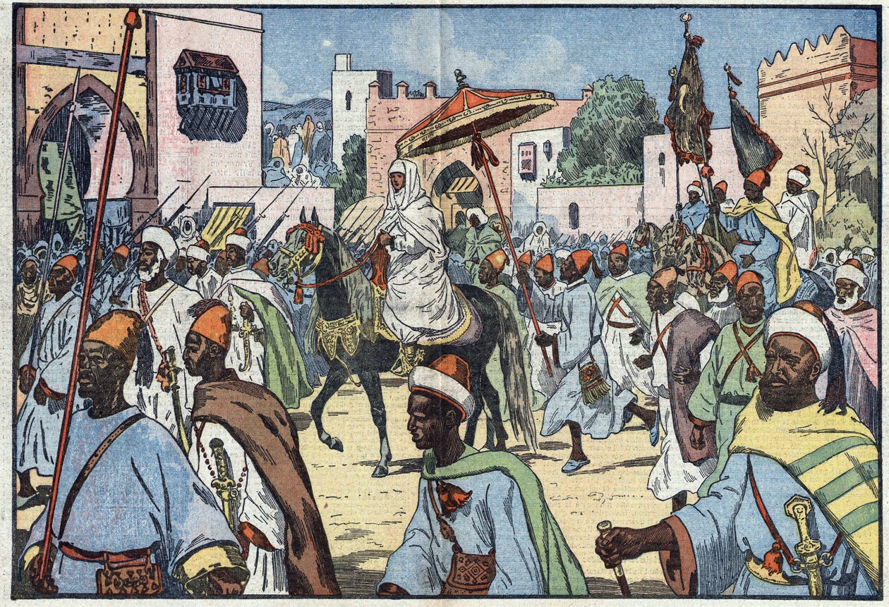 Marokkó új szultánja, Moulay Mohammed belép Rabat városába. Damblans illusztráció. A december 4-i „” Le Pelerin”-ben alkotó: Eugene Damblans