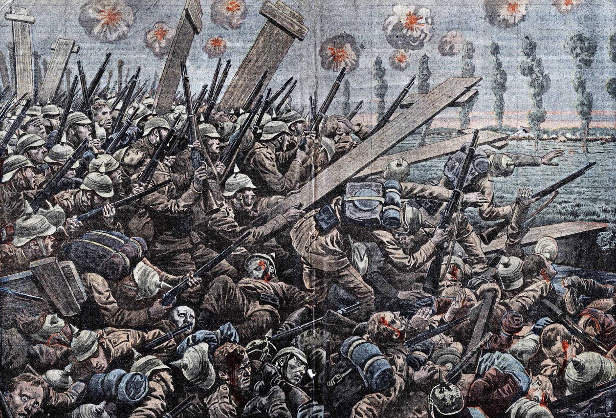 Háború 1914-1918. Belgium frontja 1914. Német katonák az Yseren. Damblans rajza. alkotó: Eugene Damblans
