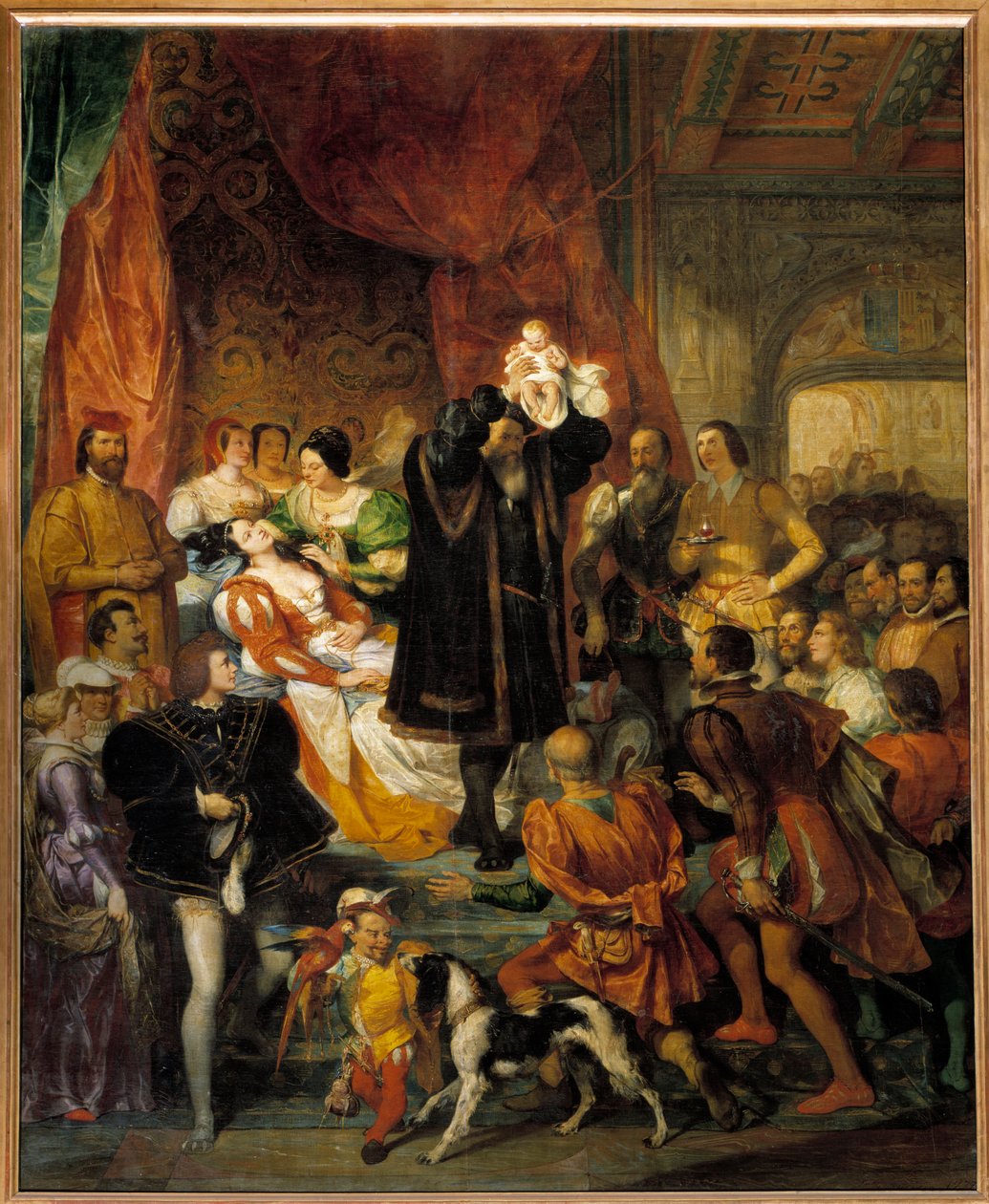 IV. Henrik király születése 1553.12.13-án a Pau kastélyban, III. Jeanne, akit Jeanne d"Albret néven ismernek, megszülte a leendő királyt apja Antoine de Bourbon bemutatóinak látogatóinak. alkotó: Eugene Deveria