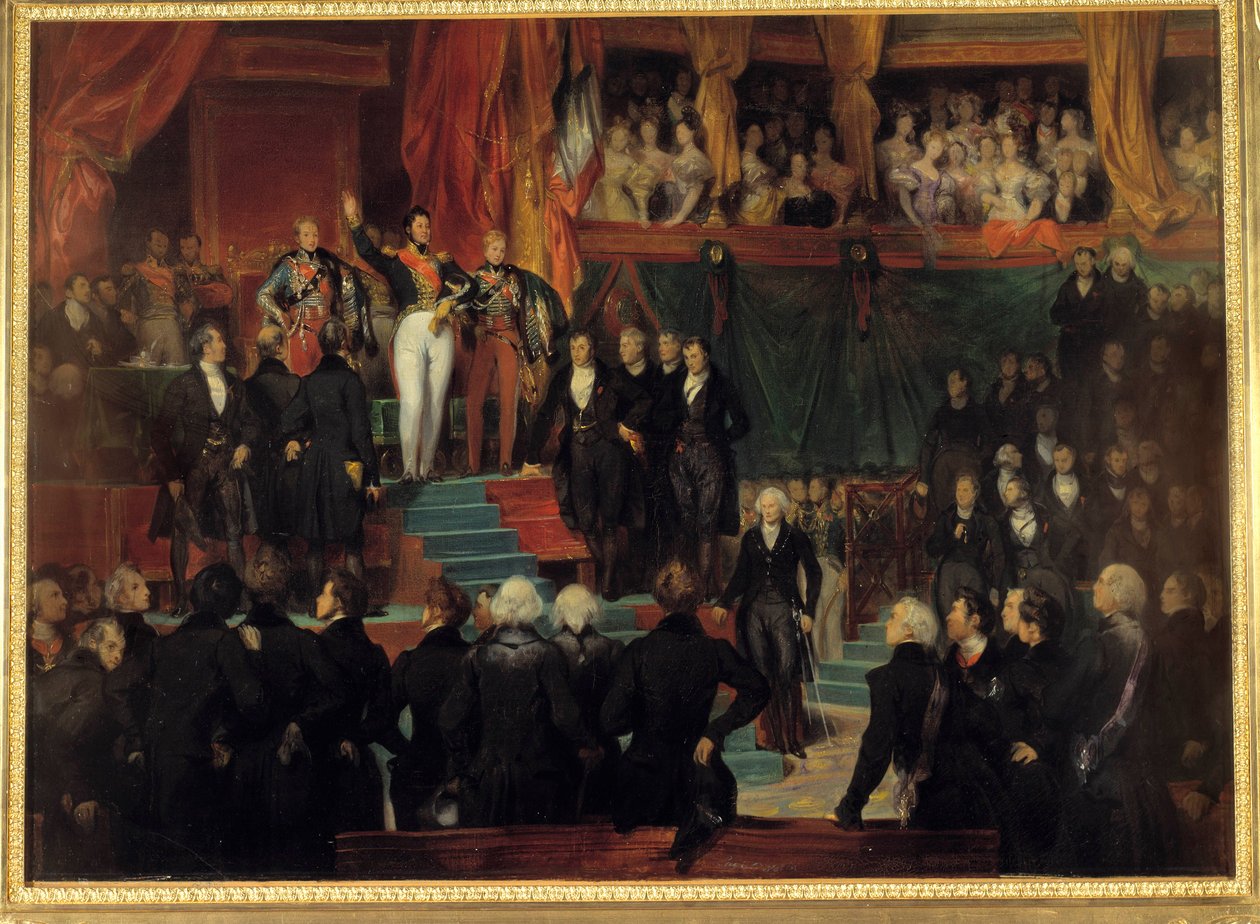 1830-as forradalom: „” I. Lajos Fülöp király (1773-1850) felesküdött az 1830-as Charta fenntartására a Palais Bourbon ideiglenes termében augusztus 9-én újraegyesült kamarák jelenlétében. alkotó: Eugene Deveria