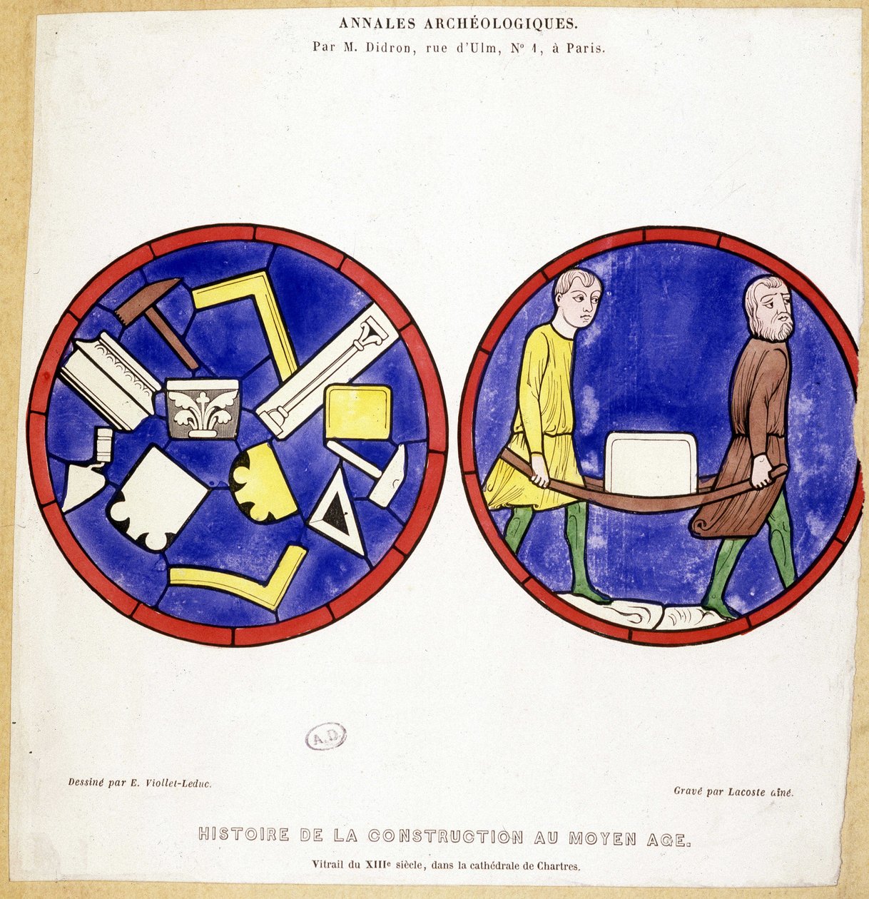 History of construction in the Middle Ages: Fac simile of 13th century stained glass windows, in the Cathedrale de Chartres - Draw by Eugene Viollet-le-Duc (Viollet le Duc) (1814-1879) and featuring several maconic symbols. alkotó: Eugene Emmanuel (after) Viollet le Duc