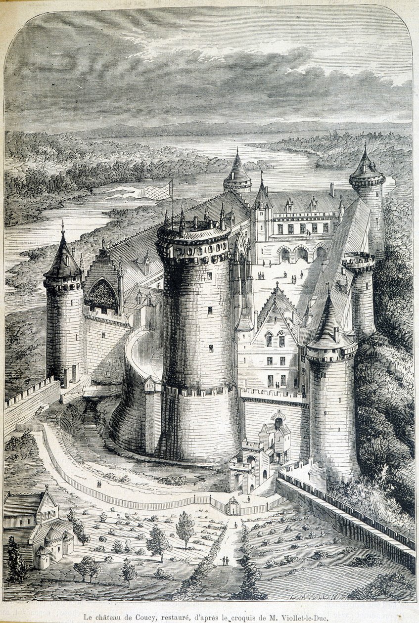 Le chateau de Coucy, restaurált - metszet a vázlatból//Eugene Viollet-le-Duc (Viollet le Duc) (1814-1879) - „” Le Monde illustrious””” 1858.08.05. alkotó: Eugene Emmanuel (after) Viollet le Duc