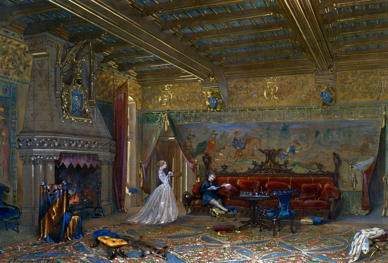 Gótikus stílusú csarnok tervezése a Chateau de Pierrefonds számára a császárral és a császárnővel alkotó: Eugene Emmanuel Viollet le Duc