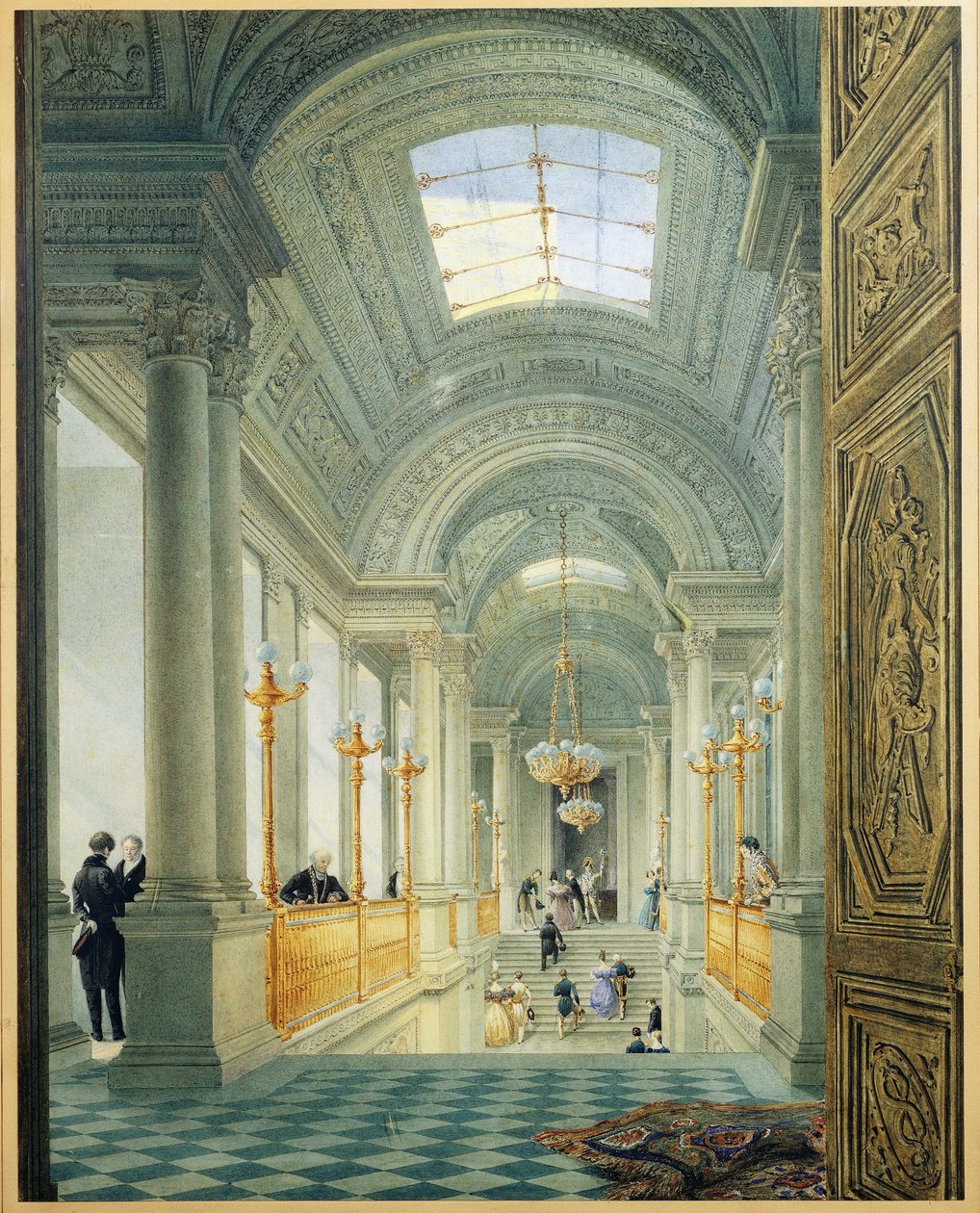Párizs. A Tuileries-palota nagy lépcsőháza, Eugene Viollet Le Duc, 1840 körül, akvarell festmény alkotó: Eugene Emmanuel Viollet le Duc