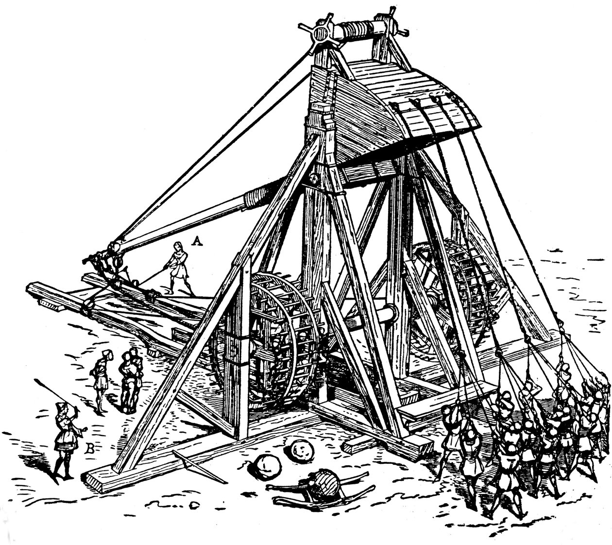 Egy hatalmas katapult (ellensúlyos trebuchet típusú), a mangonneau nevű katapult rekonstrukciója alkotó: Eugene Emmanuel Viollet le Duc