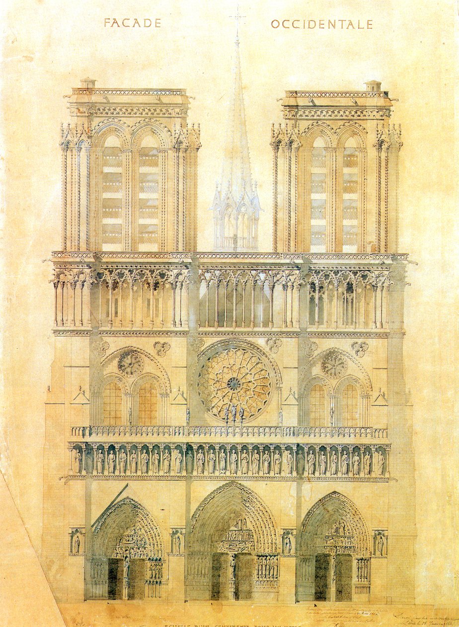 A párizsi Notre Dame-székesegyház nyugati homlokzatának helyreállítási projektje a kereszteződésnél lévő torony rekonstrukciójával, 1843 alkotó: Eugene Emmanuel Viollet le Duc