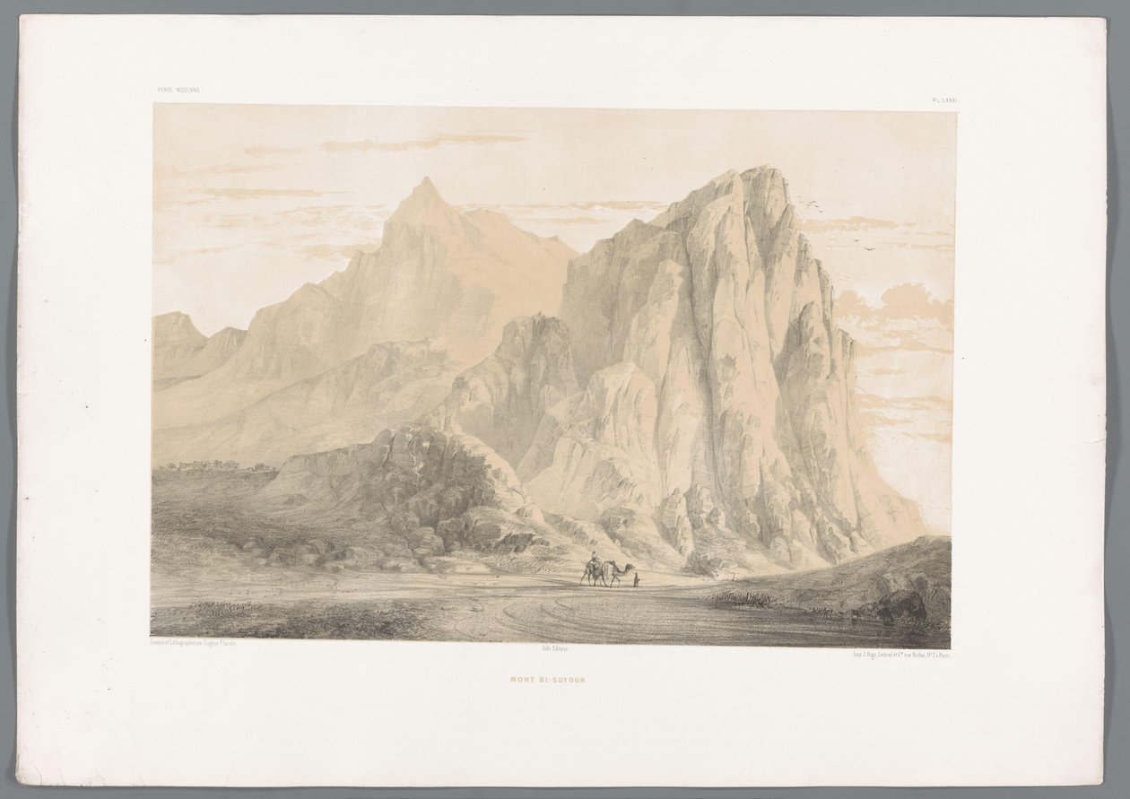 Behistun hegy Iránban Mont Bi Sutoun (cím a tárgyon) Perzsa tájak (sorozat címe) Perse modern (sorozat címe) alkotó: Eugene Flandin