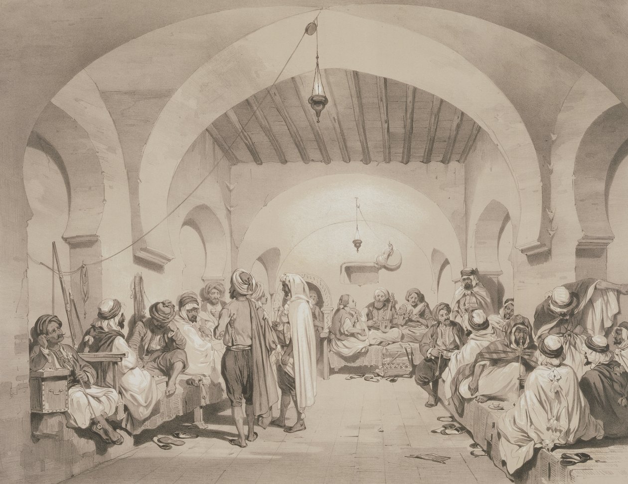 Cafe du Divan, Algír, az Algírt 1830-ban elfoglaló francia expedíciós csapat emlékére készült kötetből, Adolphe Jean-Baptiste Bayot (1810-66) metszetében alkotó: Eugene Flandin