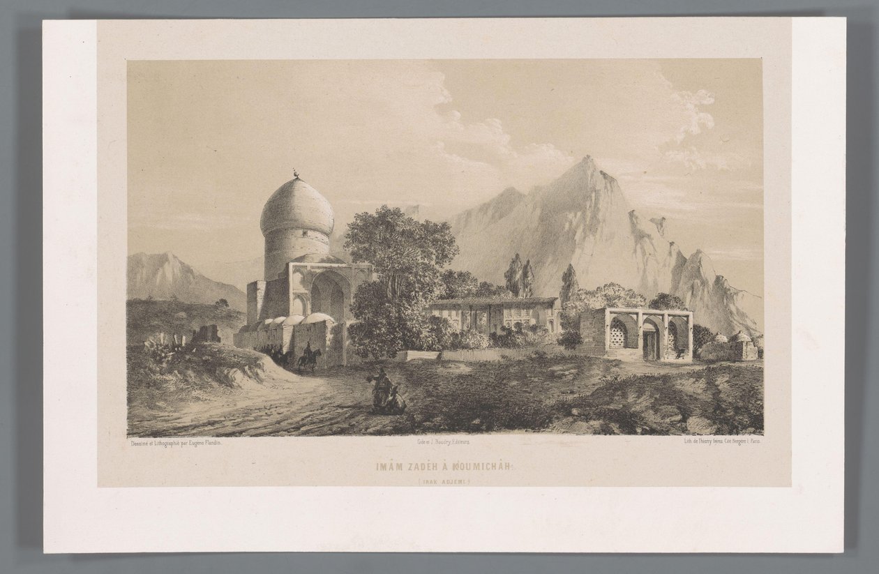 Imamzadeh Komijan kilátása Irakban-i Ajamban Imâm Zadeh à Koumichâh (Irak Adjemi) (cím a tárgyon) Perzsa tájak (sorozat címe) Perse modern (sorozat címe) alkotó: Eugene Flandin