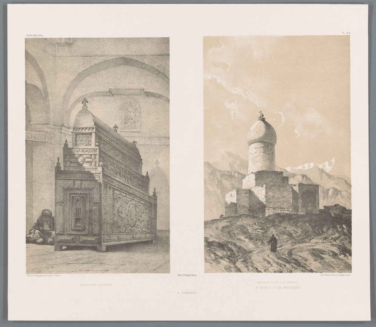 Graftombe van Esther Mordechaiban Eszter kenotáfusa (cím a tárgyon) Emlékmű Eszter és Mordokeus emlékére (cím a tárgyon) Hamadan (cím a tárgyon) Perzische landschappen (sorozat címe) Modern Persia (sorozat címe) alkotó: Eugene Flandin