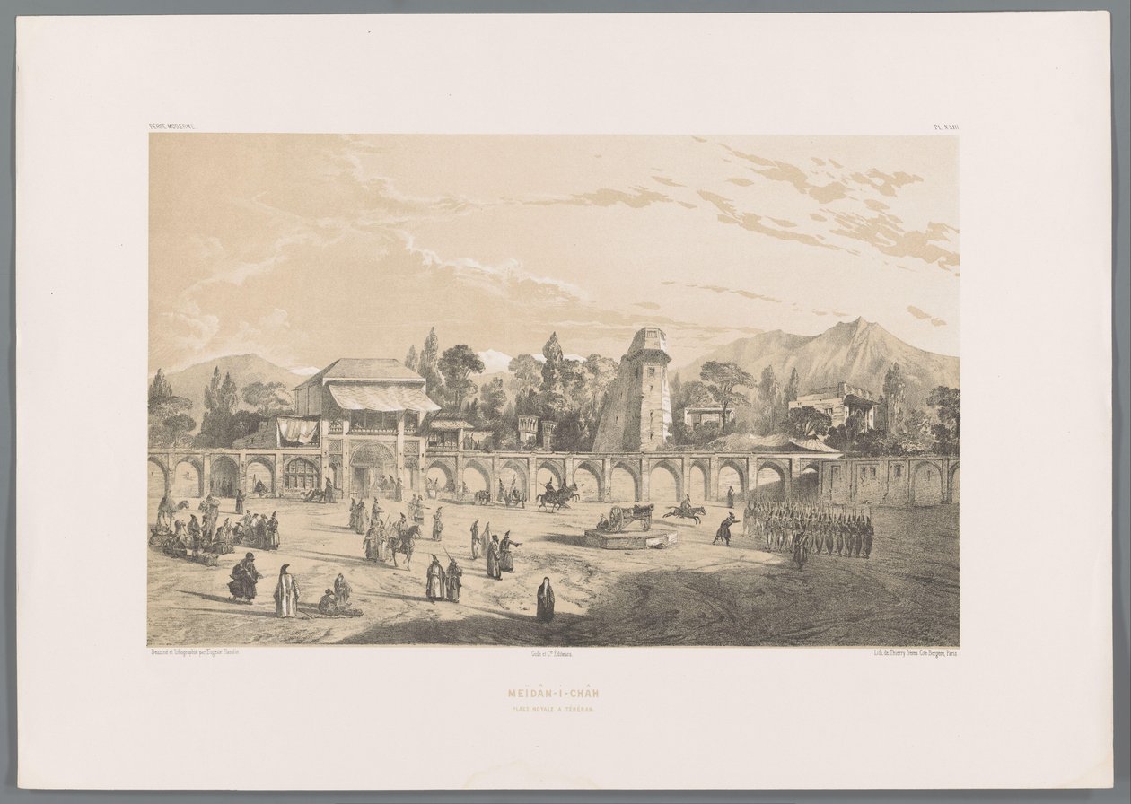 Meidan i Shah, a teheráni királyi tér Meïdân-i-Châh place royale a Téhéran (cím a tárgyon) Perzsa tájak (sorozat címe) Perse modern (sorozat címe) alkotó: Eugene Flandin