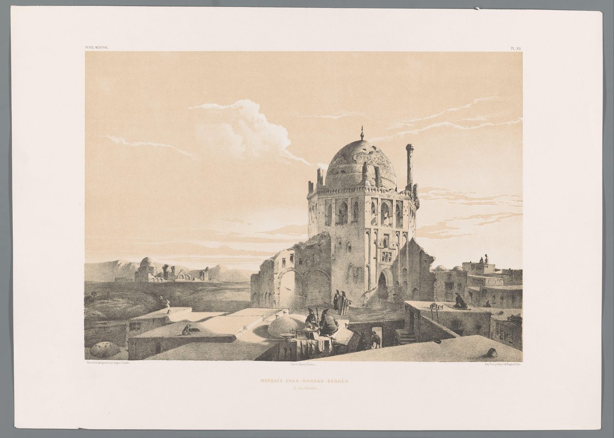 Shah Khoda mecset Soltaniyehben Chah-Khodah-Bendèh à Sultânyèn mecset (cím a tárgyon) Perzsa tájak (sorozat címe) Perse moderne (sorozat címe) alkotó: Eugene Flandin