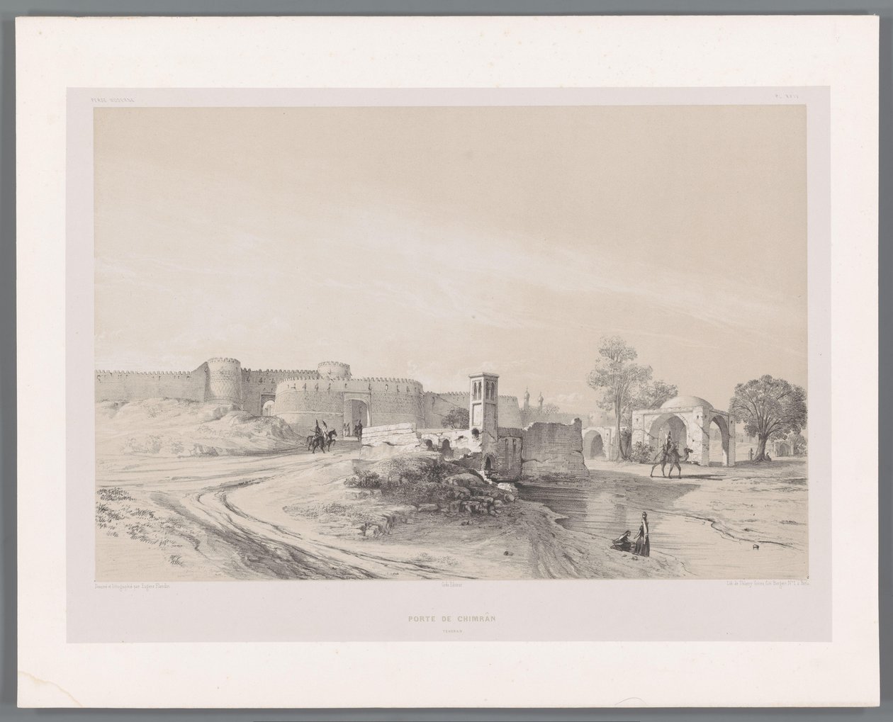 Shemran kapu Teheránban Porte de Chimran Tehran (cím a tárgyon) Perzsa tájak (sorozat címe) Perse modern (sorozat címe) alkotó: Eugene Flandin