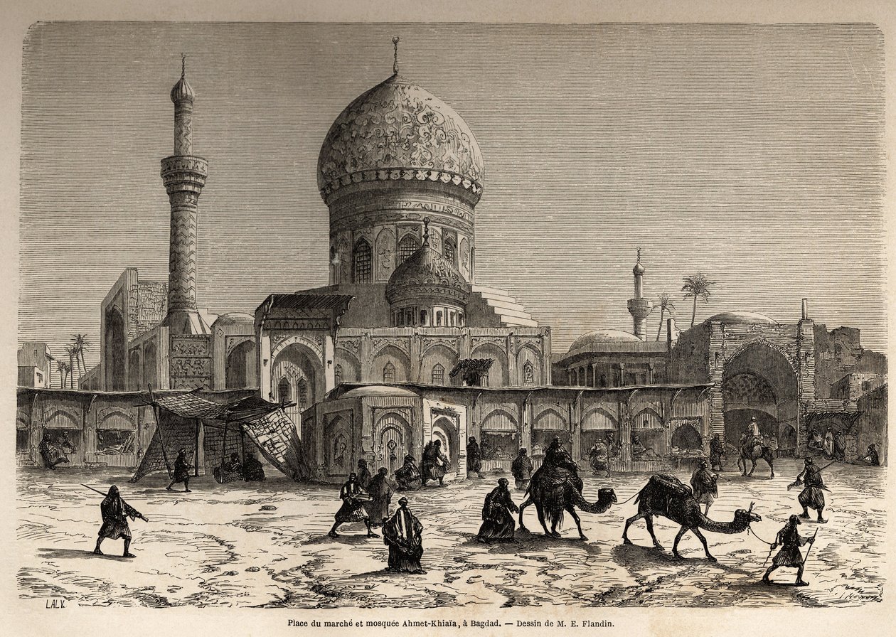 A Marche tér és az Ahmet Khiaia mecset Bagdadban, Eugene Flandin (1809-1876) rajza az 1840-1842-es mezopotámiai utazás szemléltetésére. Metszet „” Le tour du monde”” 1861. Selva gyűjteményében. alkotó: Eugene Flandin