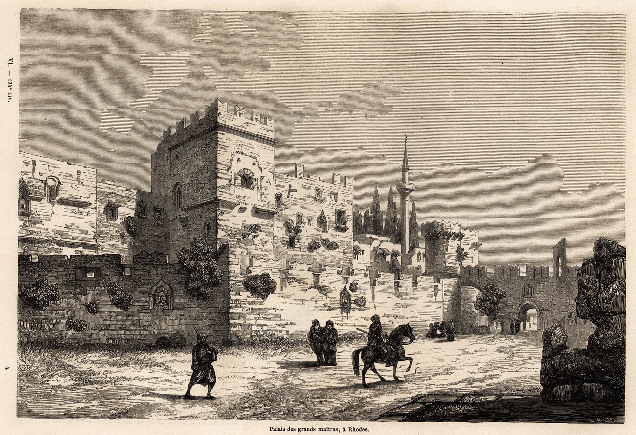 A nagy mesterek rodoszi palotája, Eugene Flandin rajza, 1844-ben Rodosz szigetére tett utazásának illusztrálására. Metszet a „Le tour du monde”-ban, szerkesztette Edouard Charton alkotó: Eugene Flandin