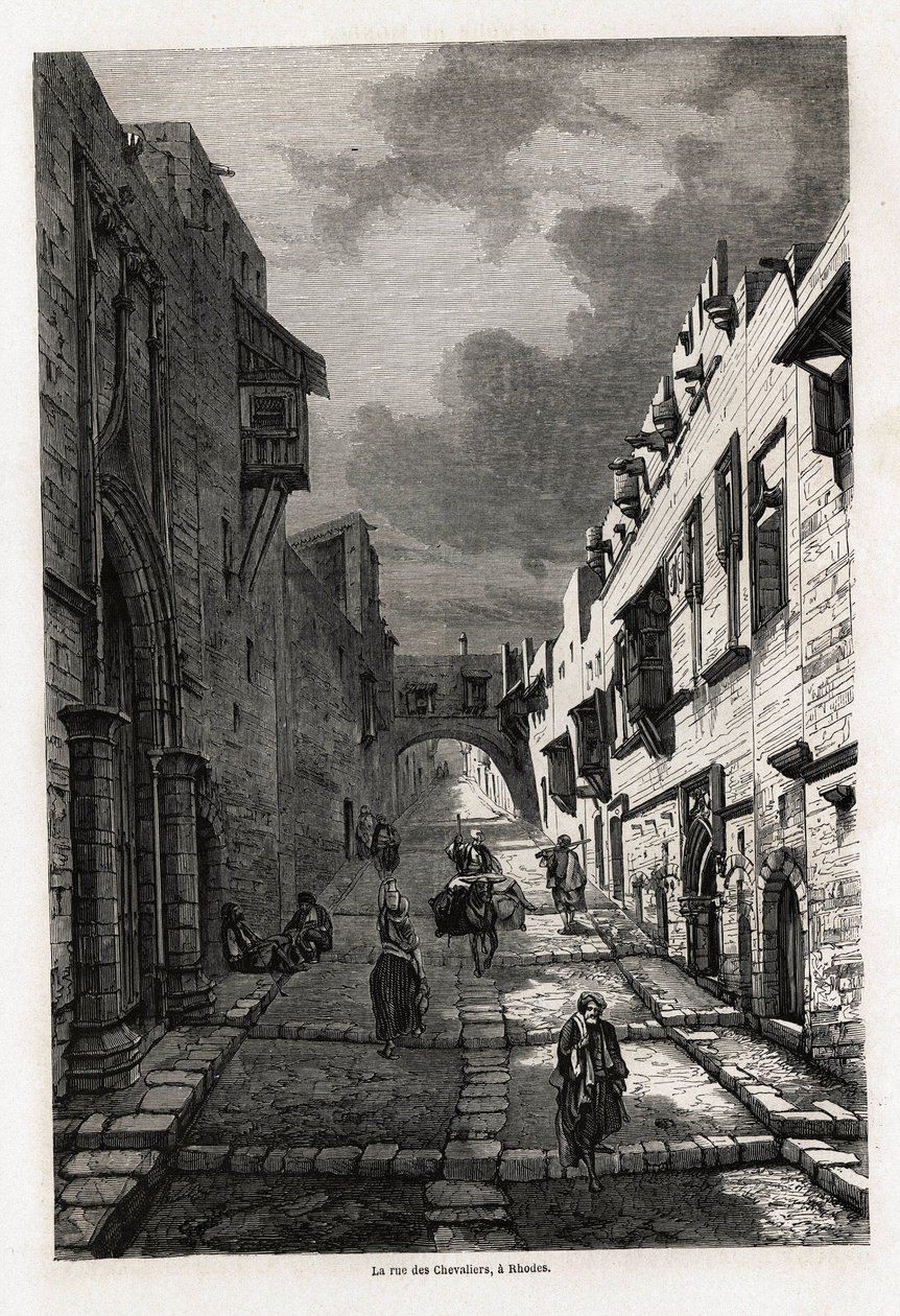 A rhodes-i rue des chevaliers rajza Eugene Flandin 1844-es Rodosz szigetére tett utazásának illusztrálására. Metszet a „Le tour du monde”-ban, szerkesztette Edouard Charton alkotó: Eugene Flandin