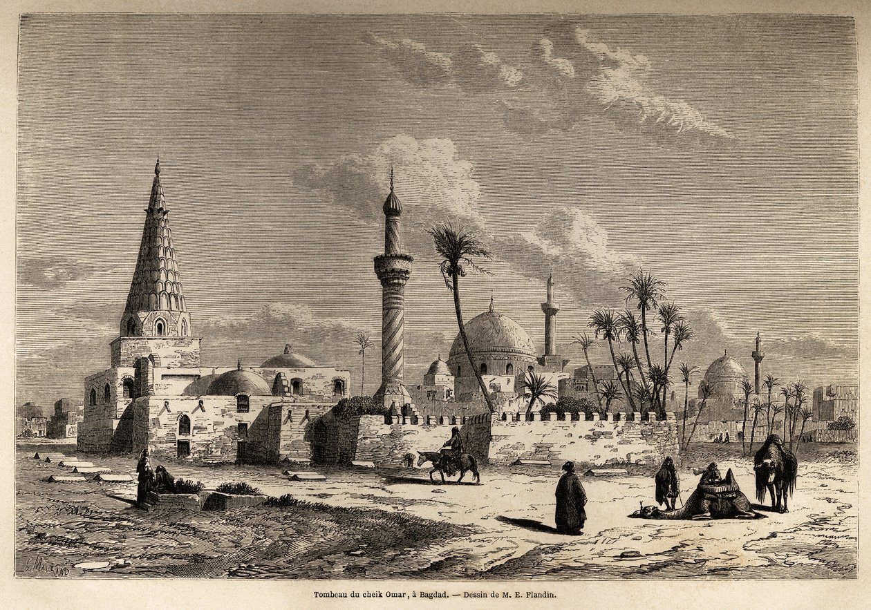 Omar sejk sírja Bagdadban, Eugene Flandin (1809-1876) rajza 1840-1842-es mezopotámiai utazásának illusztrálására. Metszet a "Le tour du monde" című 1861-es kiadványban. Selva gyűjteménye. alkotó: Eugene Flandin