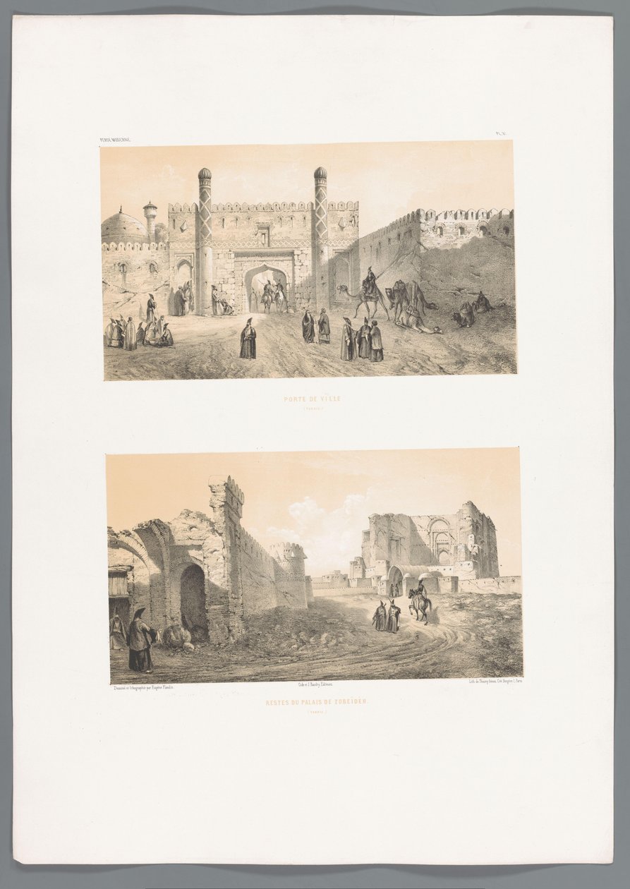 Két arc a Tabrizon Porte de ville (Tabriz) (cím a tárgyon) Restes du palais de Zobeids (Tabriz) (cím a tárgyon) Perzsa tájak (sorozat címe) Perse modern (sorozat címe) alkotó: Eugene Flandin