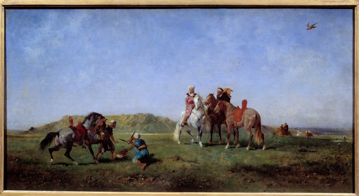 Sólyomvadászat Algériában Eugene Fromentin (1820-1876) festménye 19. század V. 0,45x0,85 m alkotó: Eugène Fromentin