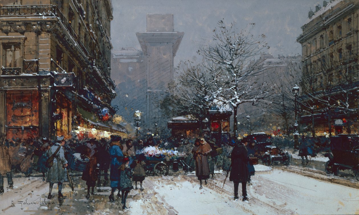 Porte St. Denis, Párizs (fekete kréta és testszín) alkotó: Eugene Galien Laloue