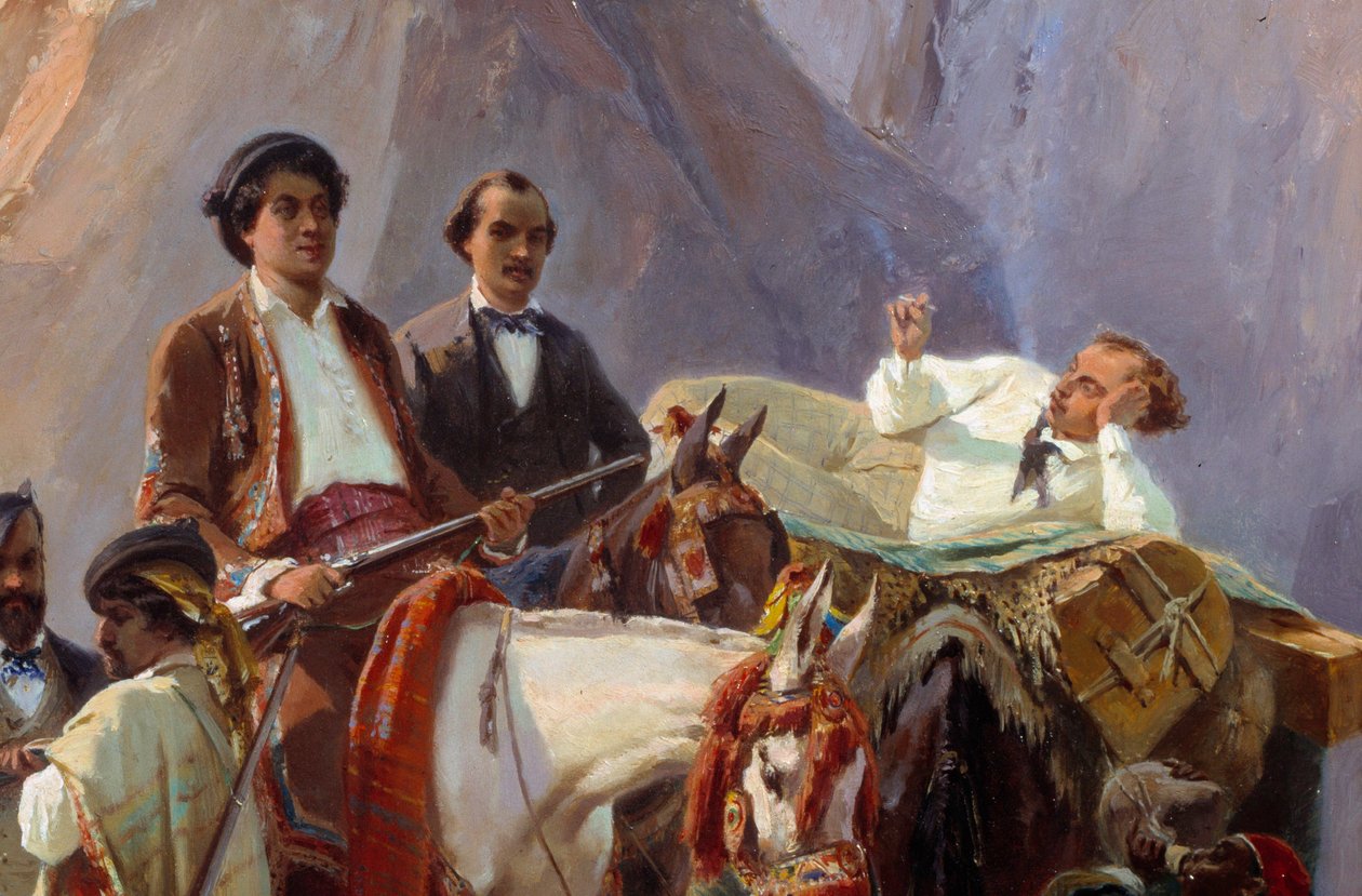 Alexandre Dumas és barátai 1846-ban emlékeznek meg Párizsból Cadizba. Alexandre Dumas, apa és fia, Louis Boulanger, Eugene Giraud, A. Maquet és Desbarolles. Részlet. Eugene Giraud (1806-1881) festménye 1846 alkotó: Eugene Giraud