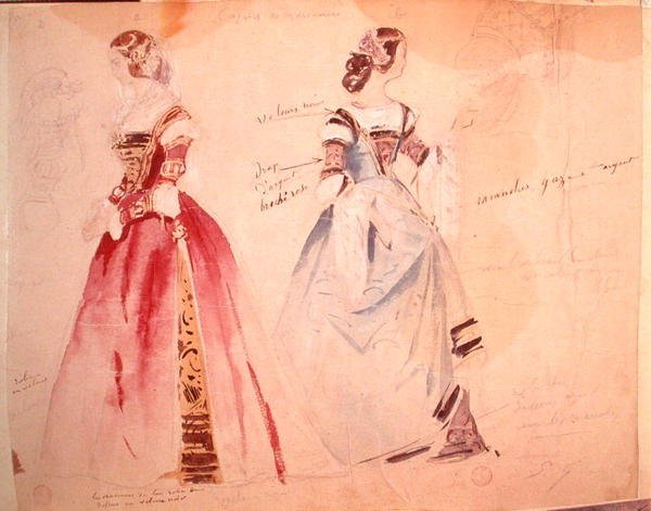 Két női jelmezterv Alfred de Musset (1810-1857) „Les Caprices de Marianne” című művének elkészítésekor (akvarell papíron) alkotó: Eugene Giraud