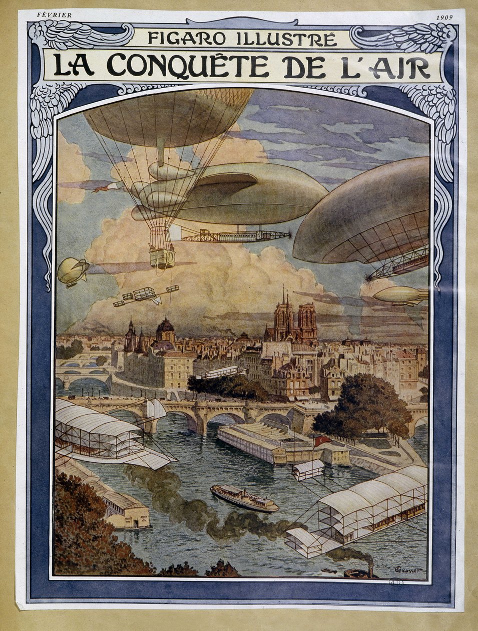 Légi hódítás: léghajó, léggömb és hőlégballon Párizs felett – borító az 1909. februári „Figaro Illustré”-ben alkotó: Eugene Grasset