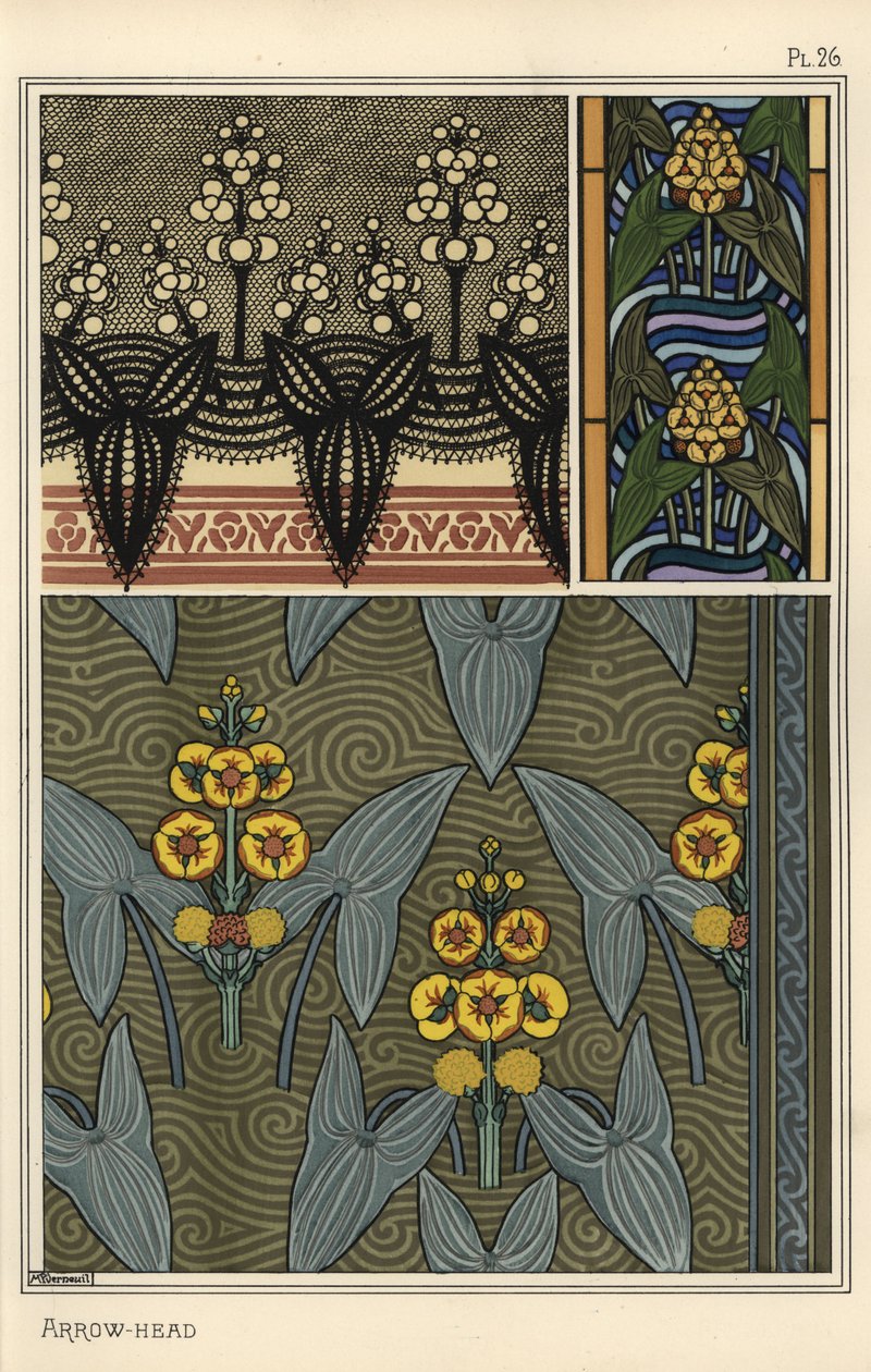 Nyílhegy, Sagittaria sagittifolia, mint tervezési motívum hímzésben, ólomüvegben és szövetmintákban alkotó: Eugene Grasset