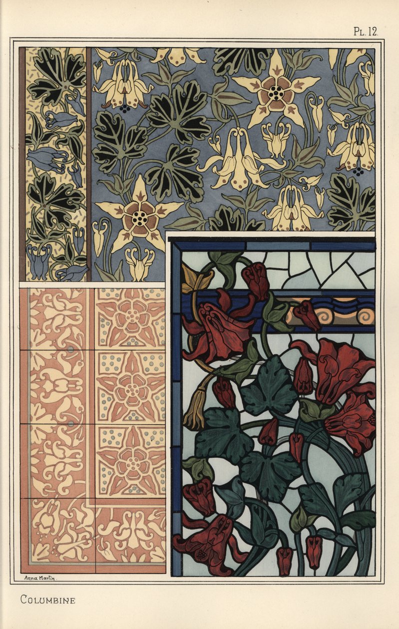 Columbine, Aquilegia vulgaris, virágmintás tapéta, ólomüveg és csempe alkotó: Eugene Grasset