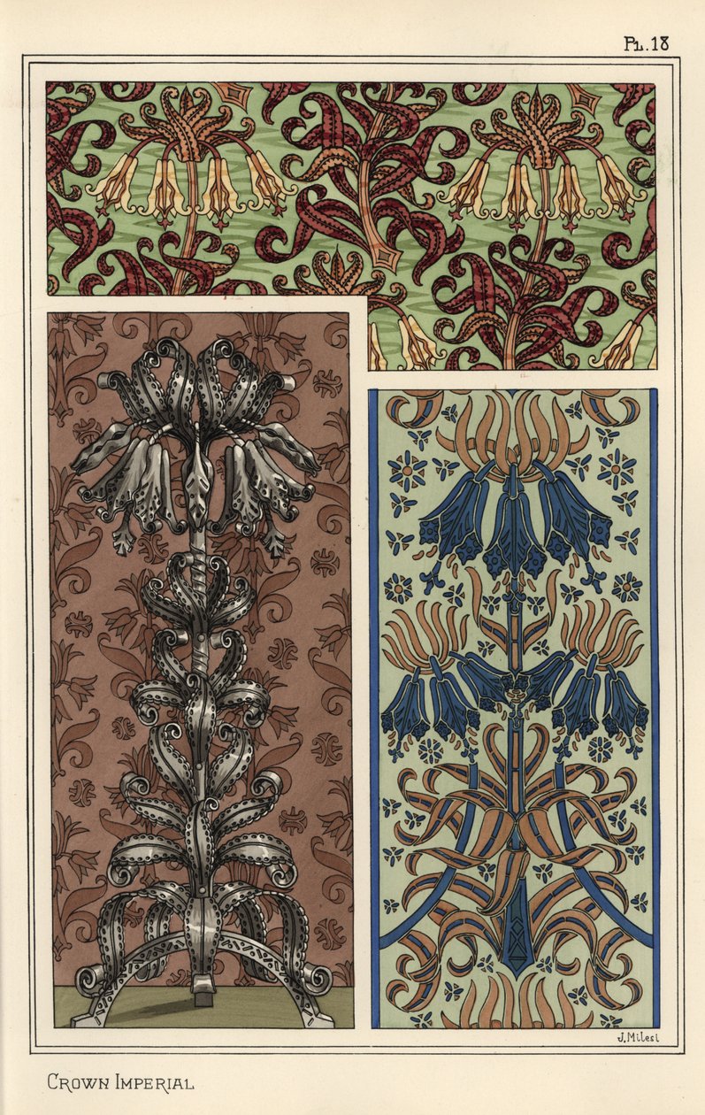 Koronás birodalmi virág, Fritillaria imperialis, tapéta- és szövetmintázatban, valamint egy acél műtárgy dizájnjaként alkotó: Eugene Grasset
