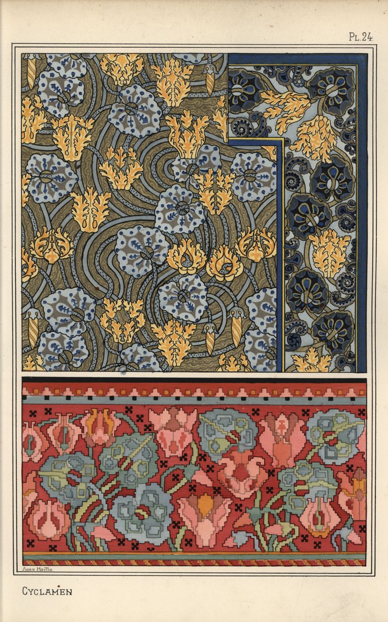 Cyclamen persicum növény mint motívum gobelin-, szövet- és tapétatervekben. Anna Martin litográfiája alkotó: Eugene Grasset