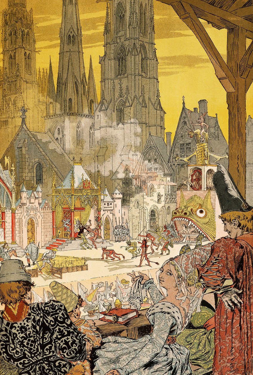 Misztérium ábrázolása a katedrális templomkertjében, Victor Hugo (1802-1885) illusztrációja a Notre-Dame de Paris számára alkotó: Eugene Grasset