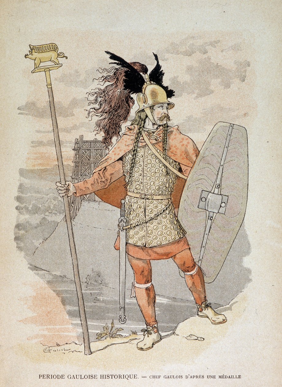 Gall vezér (érem után): kezében egy „” transzparenst”””” díszítő vaddisznó tanít - a „” Illustrous Teaching Cahiers, Bronze Age and the Gall Age háborús jelmezek című könyvében”, ed Grasset alkotó: Eugene Grasset