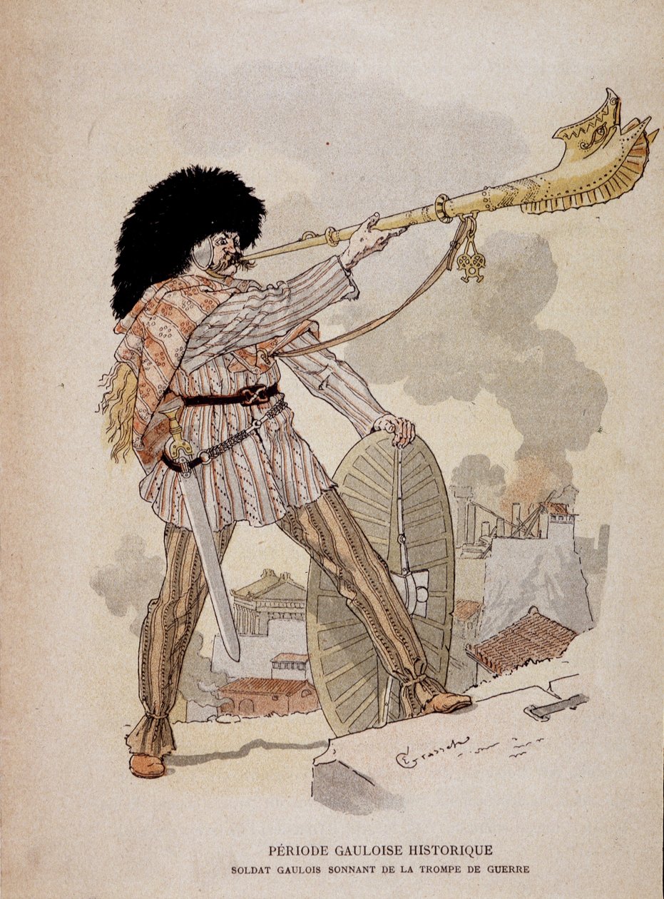 Gall katona megszólal a háború kürtjéből (carnyx) - a „” Illustrous Teaching Cahiers, a bronzkori és a gall kor háborús jelmezei” című filmben”, ed Grasset alkotó: Eugene Grasset