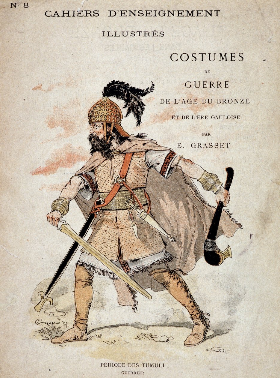 A Tumuli-kor gall harcosa - a „” Illusztrous Teaching Cahiers, Bronze Age and the Gall Age hadiviseleteiben””, szerk. Grasset. Illusztráció: Eugene Samuel Grasset (1841-1917). alkotó: Eugene Grasset