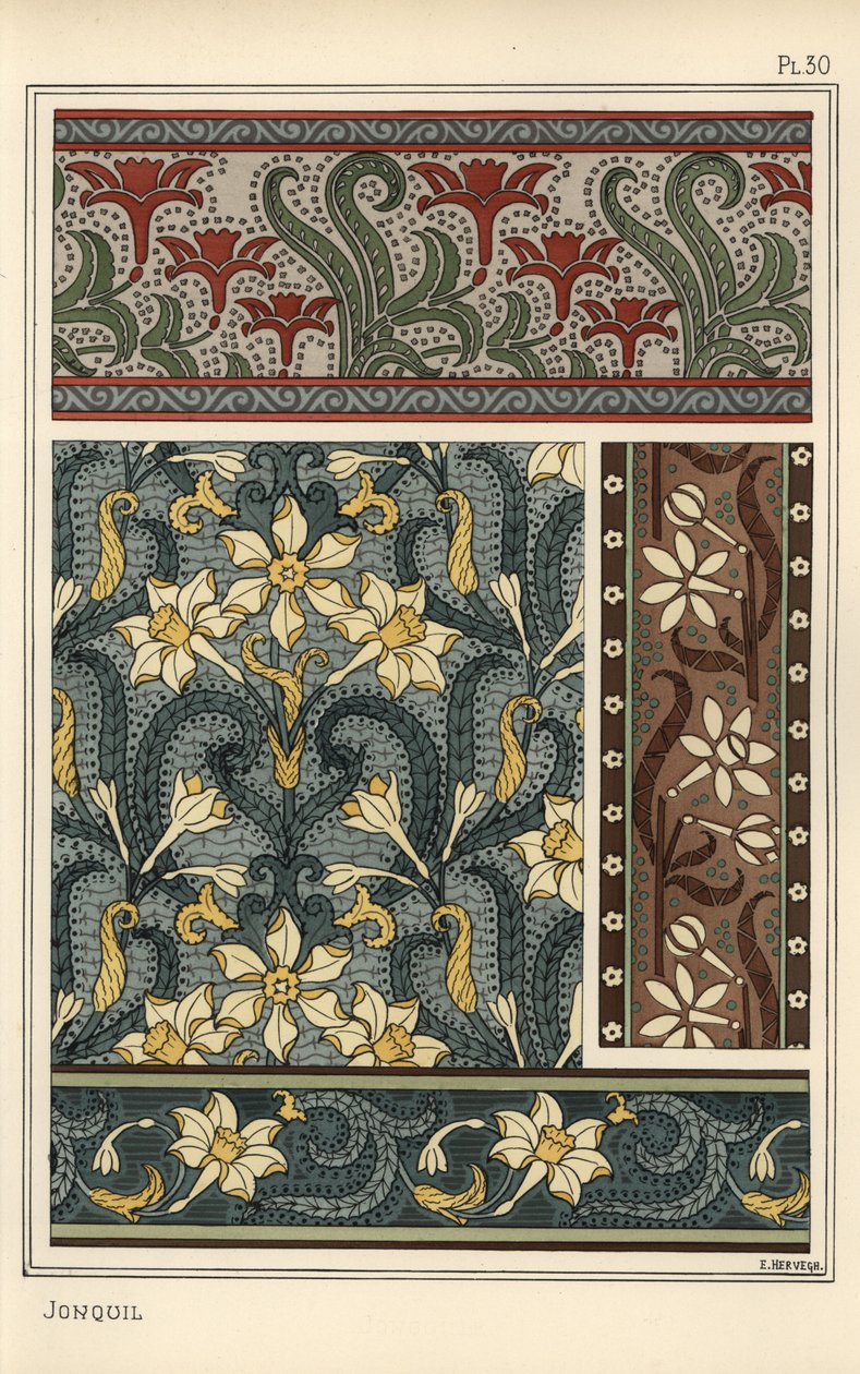 Jonquil, Narcissus jonquilla, mint tervezési motívum tapétákban és szövetmintákban alkotó: Eugene Grasset
