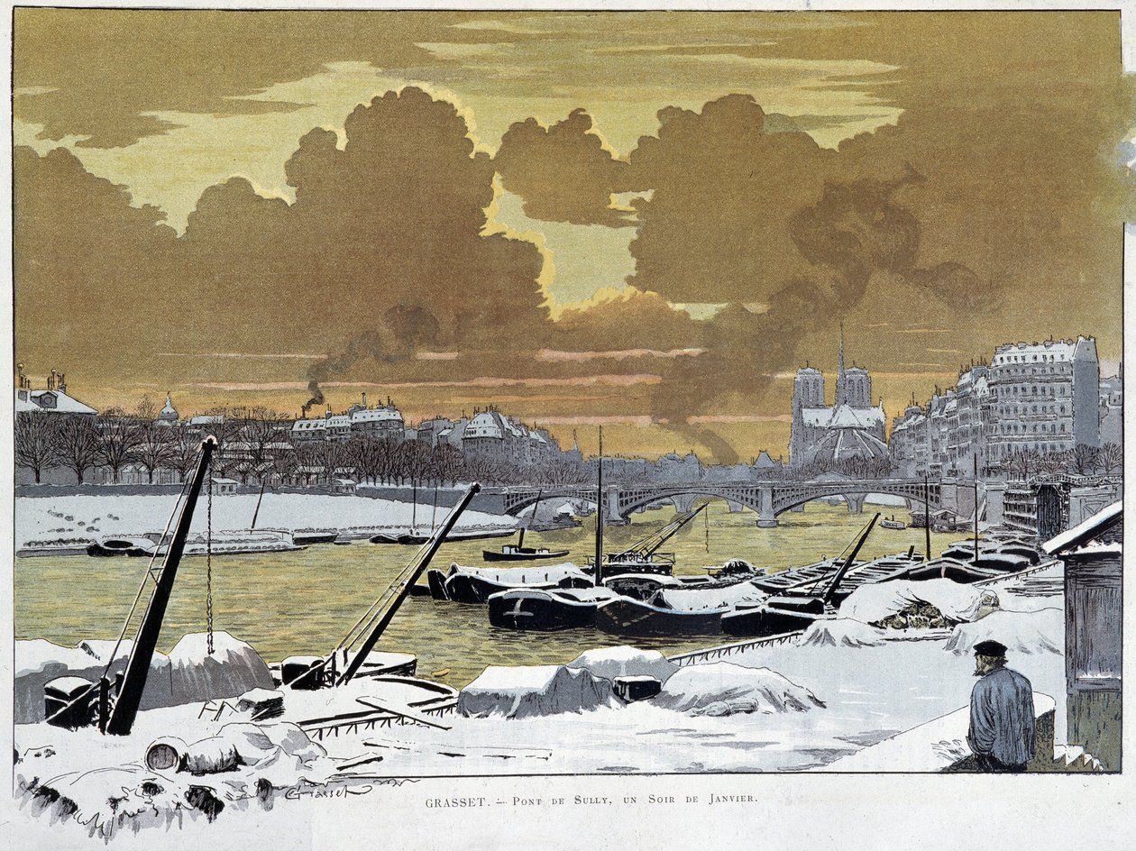Le pont de Sully, Párizsban, hó borította, 1886. január egyik estéjén – Grasset alkotó: Eugene Grasset