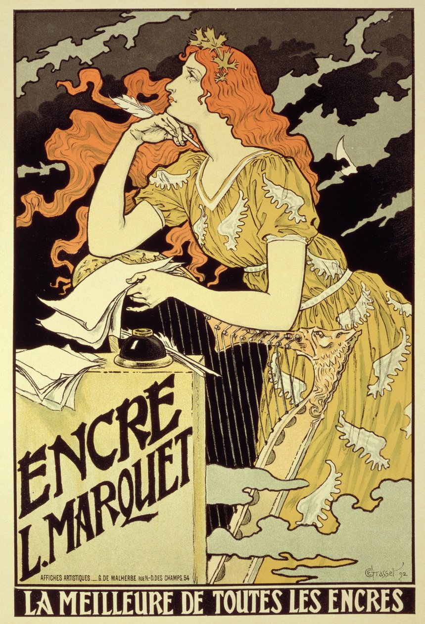 A „Marquet Ink”-et hirdető plakát reprodukciója alkotó: Eugene Grasset